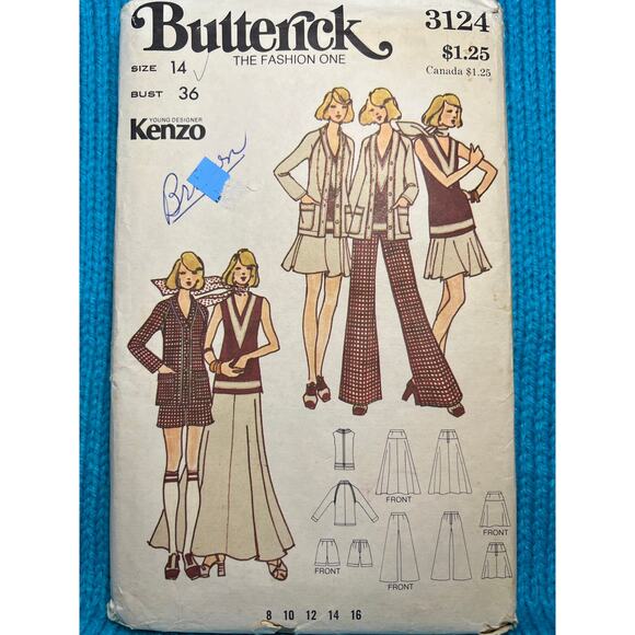 Butterick 3124 pattern cardigan skirt pant bell bottoms 1970s size 14 - Picture 1 of 5